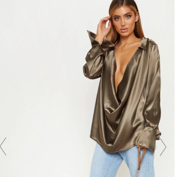 PrettyLittleThing Tops - KHAKI EXTREME COWL LONGLINE SATIN SHIRT